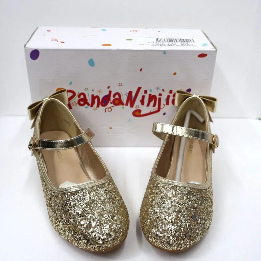 PANDANINJIA Girls Heels, Dress Shoes for Girls, Mary Jane Gold, Sequin SIZE 3
